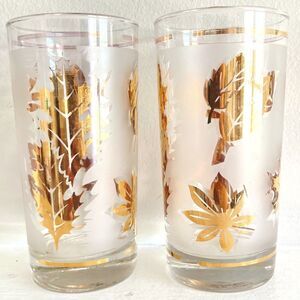 Vintage LIBBEY Golden Foliage Gold Leaf Drinking Glass Tumblers Set of 2